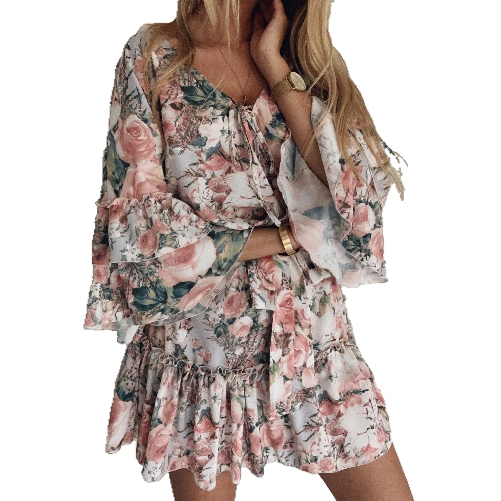 
2021 Summer Sexy Print Flared Sleeves Off-Shoulder Fitted Mini Women Chiffon Dress 