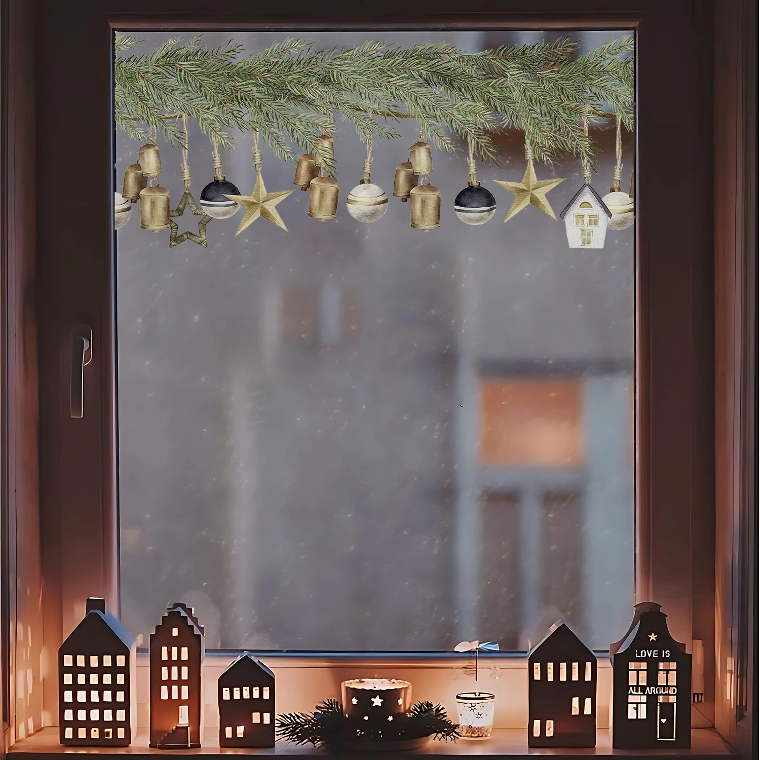 Funlife winter Christmas boho christmas bauble pine leaves pattern decorative double-sided UV window film FSWS105