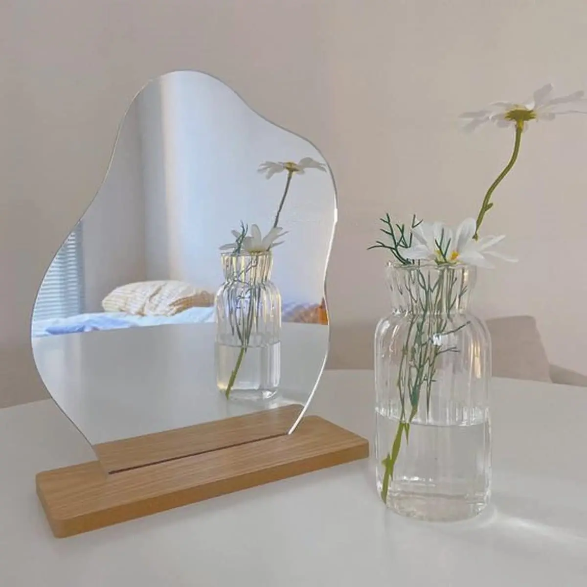 Irregular Aesthetic Mirror Frameless Funky Makeup Mirror Decorative Desk Tabletop Wavy Mirror with Wooden Stand for Living Room