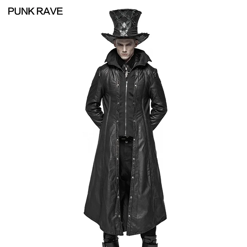 PUNK RAVE Y-422 Wholesale Handsome Gothic Men Long PU Leather Fake Two Pieces Coat