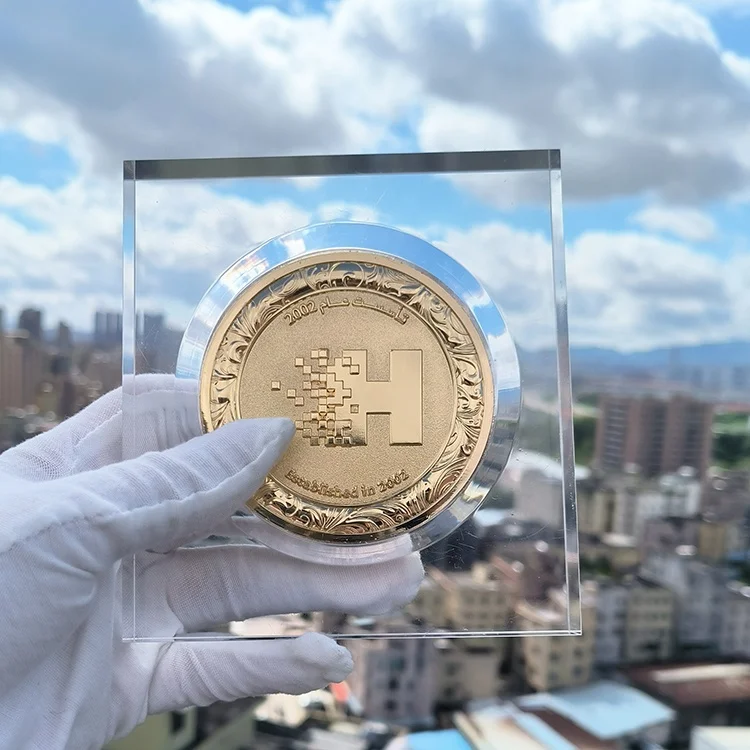 Company logo Acrylic Holder Middle East Arabic  Custom Metal Coin Award Trophy