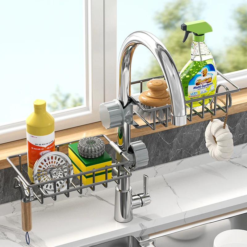Kitchen faucet storage rack new sink sponge drain basket multifunctional steel wire ball cloth storage rackBathroom drain rack