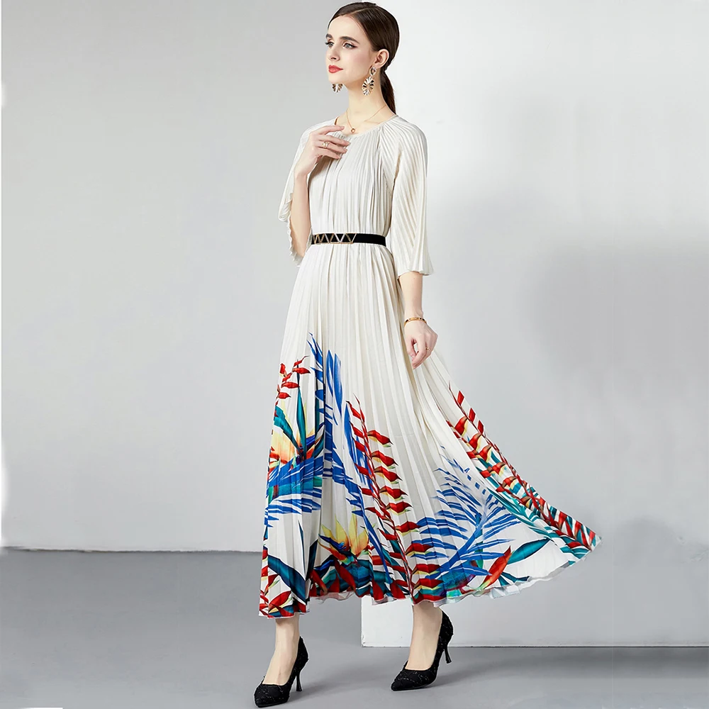 Runway Ruffles Ruched Pleated Dress Women Butterfly Sleeve White Flower Print Elegant Long Holiday Party Vestidos 9360#