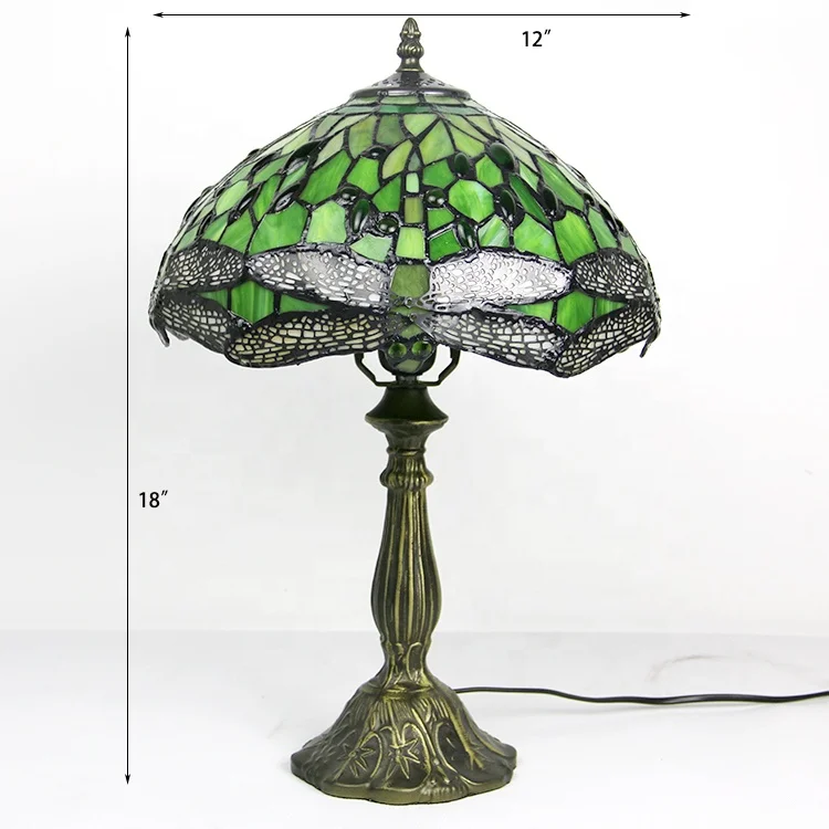 LongHuiJing 12Inch Dragonfly Green Stained Glass Lampshade Desk Lights Handmade Glass Table Lamps With zinc Alloy Base
