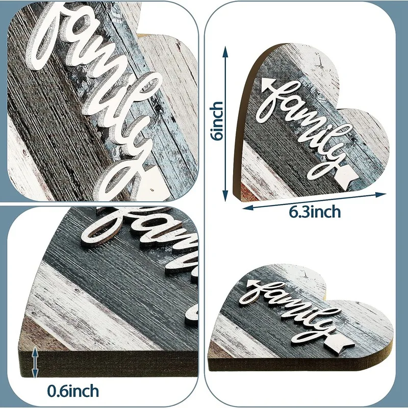 2 Pcs Rustic Wood Love Home Sign Heart Shaped Wooden Table Centerpiece Farmhouse Buffalo Plaid Family Sign