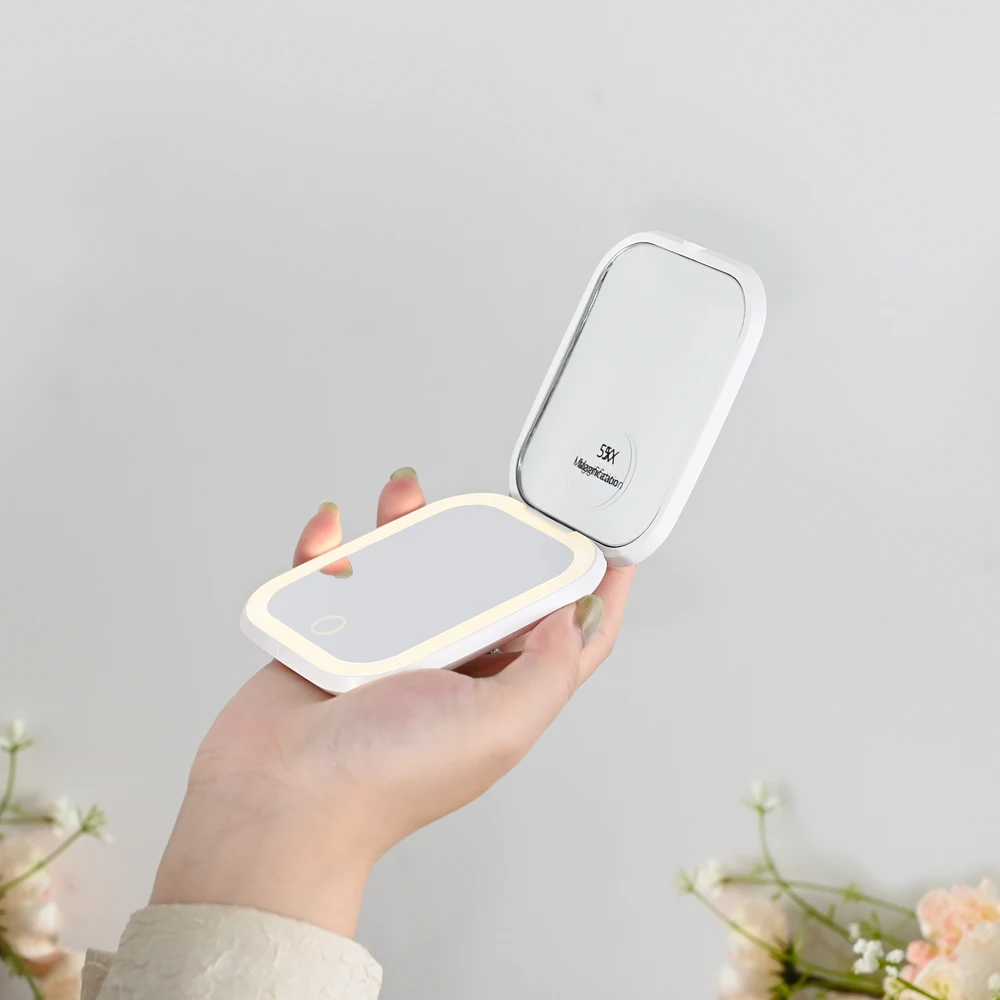 New Design Custom Logo Small Hand Square Makeup Mirror Compact Led Lighted Pocket Cosmetic Mirror With Light