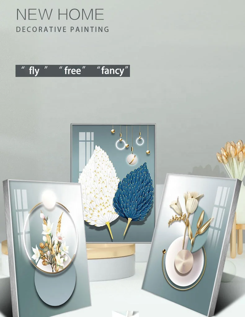 Scandinavian Light Luxury Flower and Leaf Crystal Porcelain Painting for Sofa Background Wall and Dining Room Wall Decoration