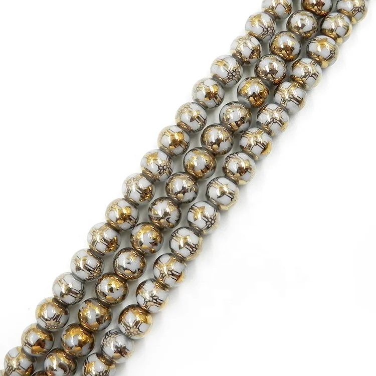 wholesale printed electroplate glass beads Porcelain white gold-plated sand beads for jewelry making