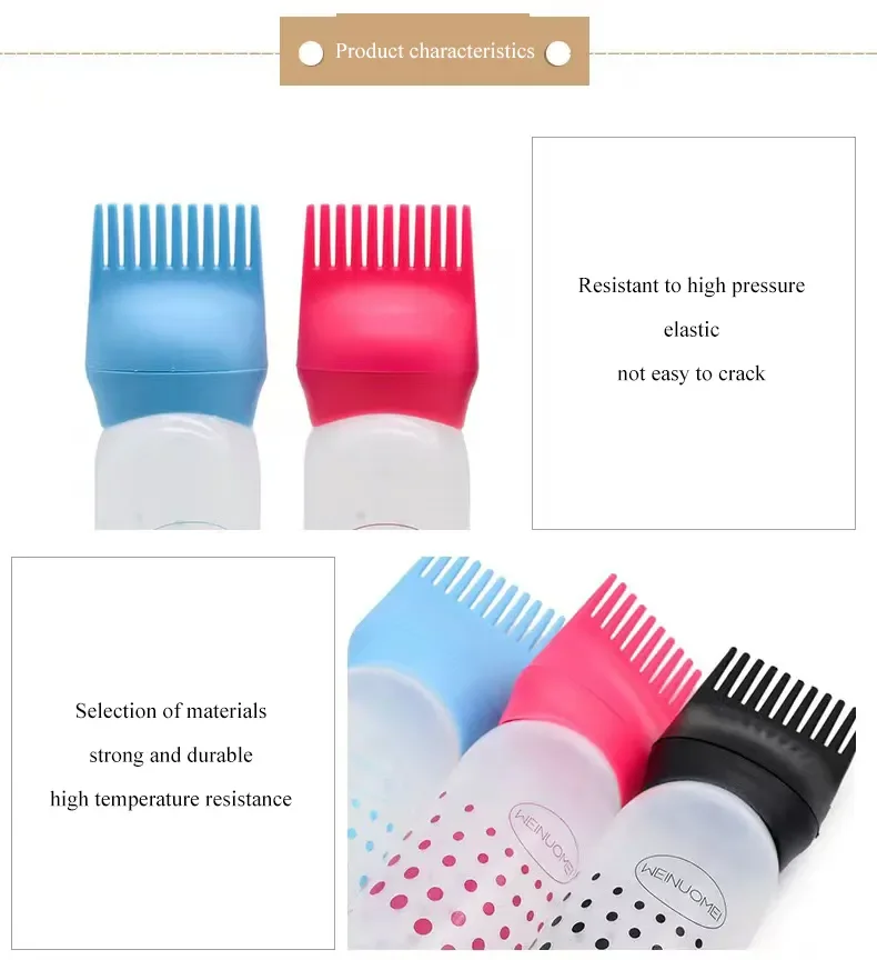 6oz Refillable Plastic Bottle Applicator Comb Salon Use-Essential Hair Styling Tool Hair Dye Oil Dispensing Customizable Logo