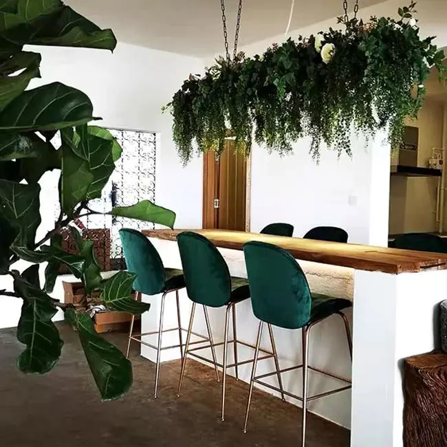 Fashion Metal Chair Barstool with 75cm Height Blue Velvet Upholstered Seat Gold Leg Bar Chairs