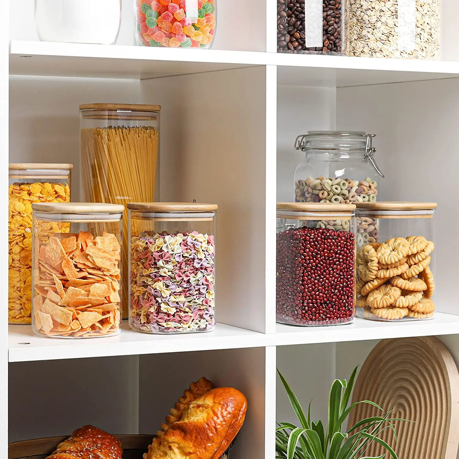 Kitchen Food Storage Containers for Pantry Jars - Square Glass Jar with glass jar with bamboo lid for Pasta Containers