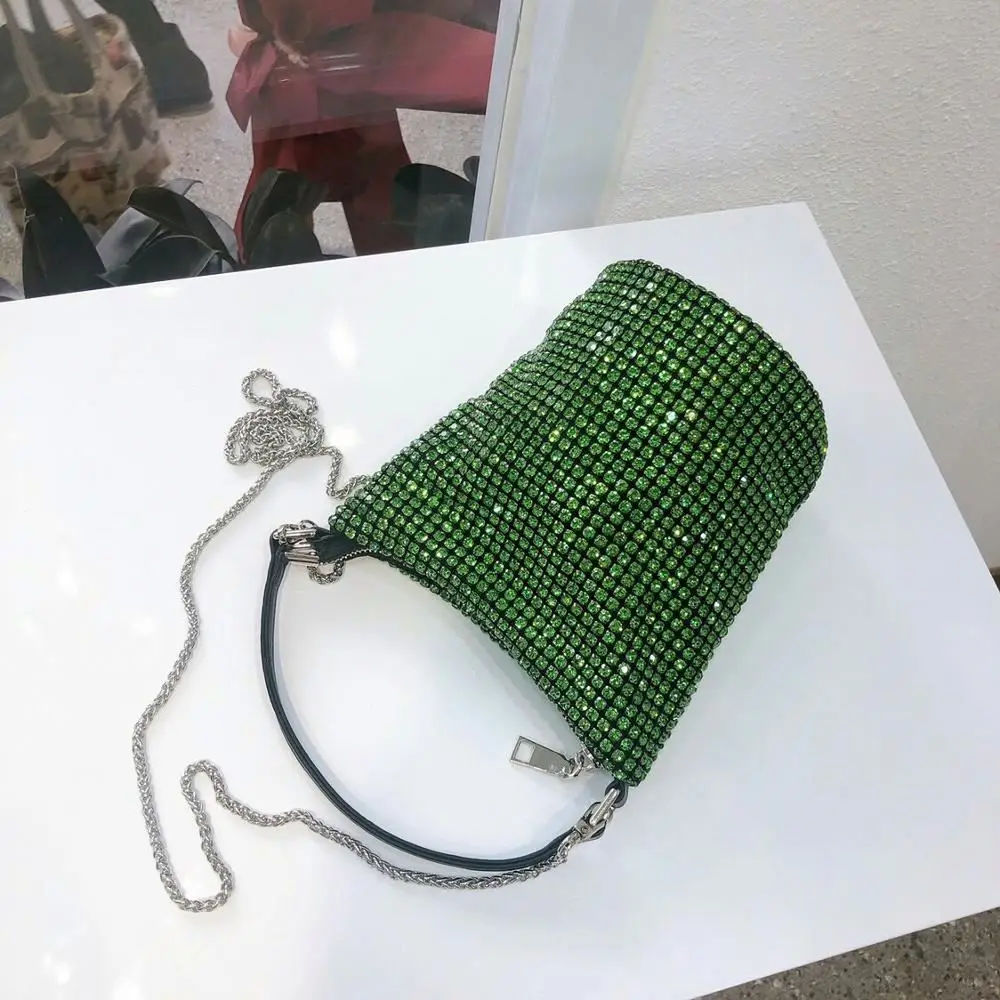 Small Crystal clutch evening bag Women 2022 Luxury designer wedding party Handbag Ladies green Rhinestone bucket shoulder bag