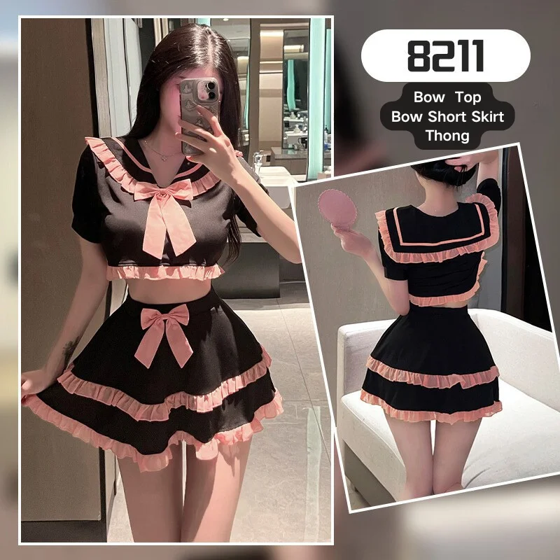 Fashion Women Lingerie 3 Pieces Set Sleepwear Bow Strap Tank Tops+Ruffle Short Skirt+Thong Printed  Nightwear Europe Pajama