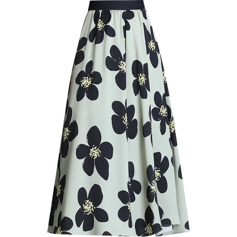 Ice silk print A-line skirt summer new style Korean style high waist draped pleated skirt mid-length skirt
