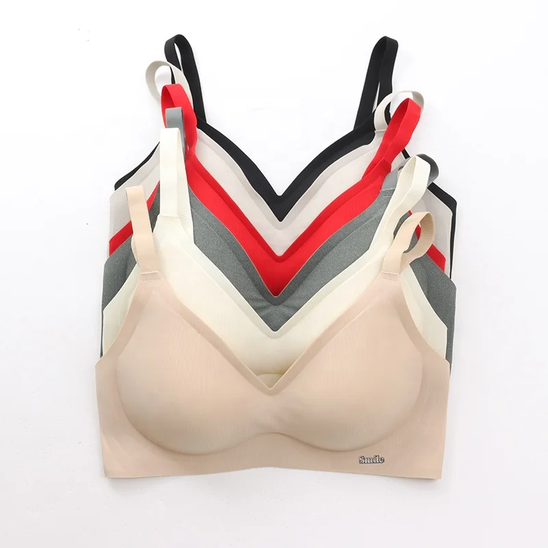Фабричный логотип без проволоки, гладкий цельный Шелковый 6 видов цветов с V-образным вырезом, бесшовный Женский бюстгальтер