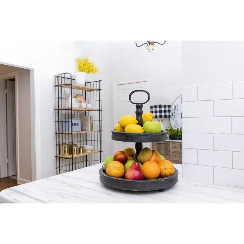 
Round 2-Tier Stand Ottoman/Rustic Black Coffee Table Tray/ Wooden Ottoman Serving Tray 