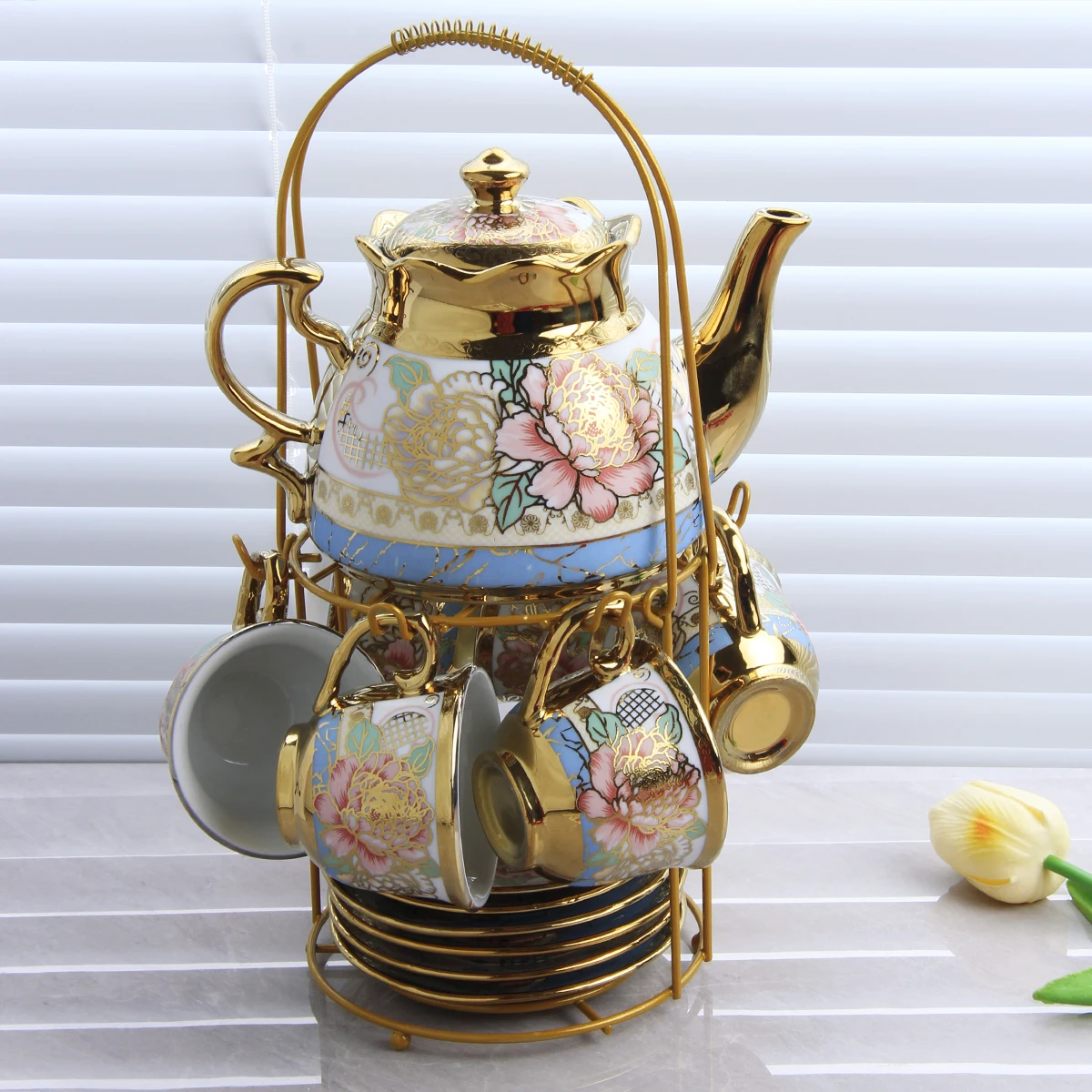 Vintage Ceramic Afternoon Tea Teapot Set French Vintage Flower Gold Ring English Teapot Coffee Cup Saucer Set
