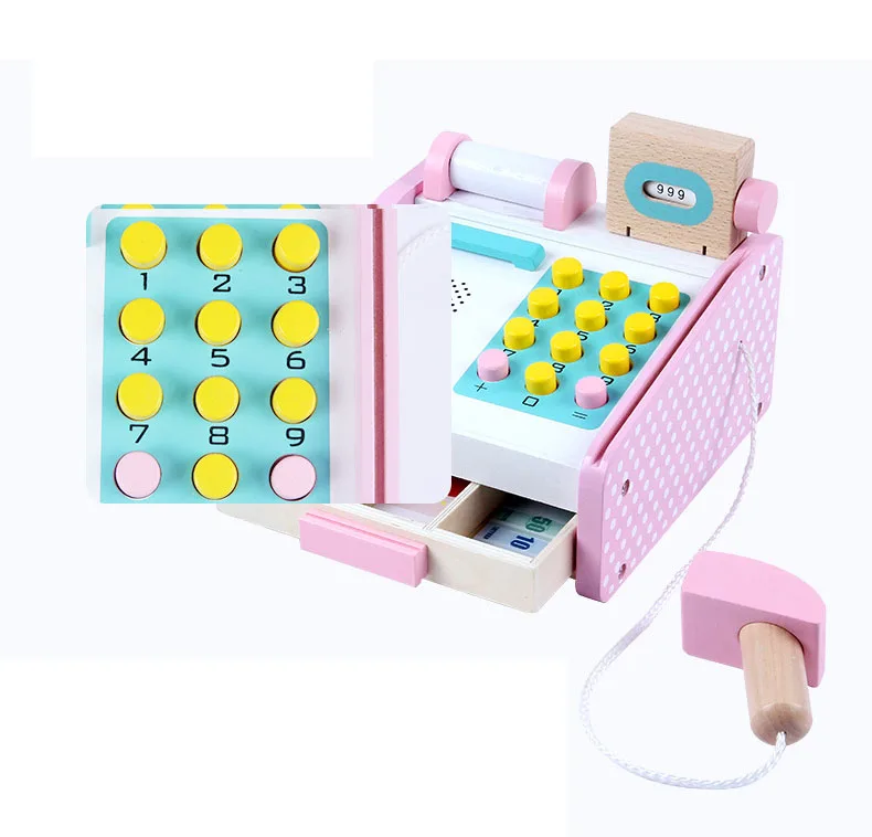 New hottest mini wooden cashier machine toy  pretend play supermarket cash register toy for children