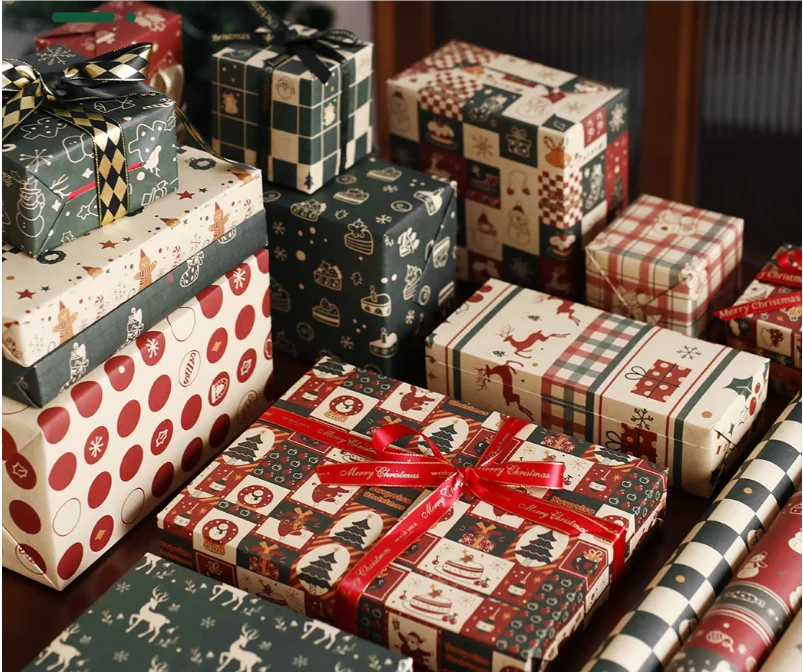 Christmas wrapping paper high-end feeling red large-sized handmade  materials cute  colored thickened packaging paper