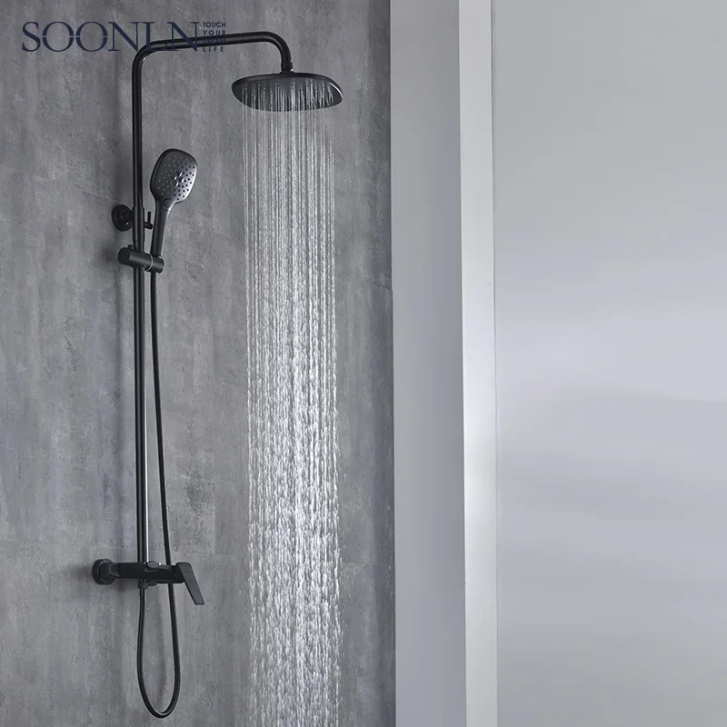 Custom Logo Water Matte Black Bathroom Shower Rain Shower Faucet Set With Slide Bar