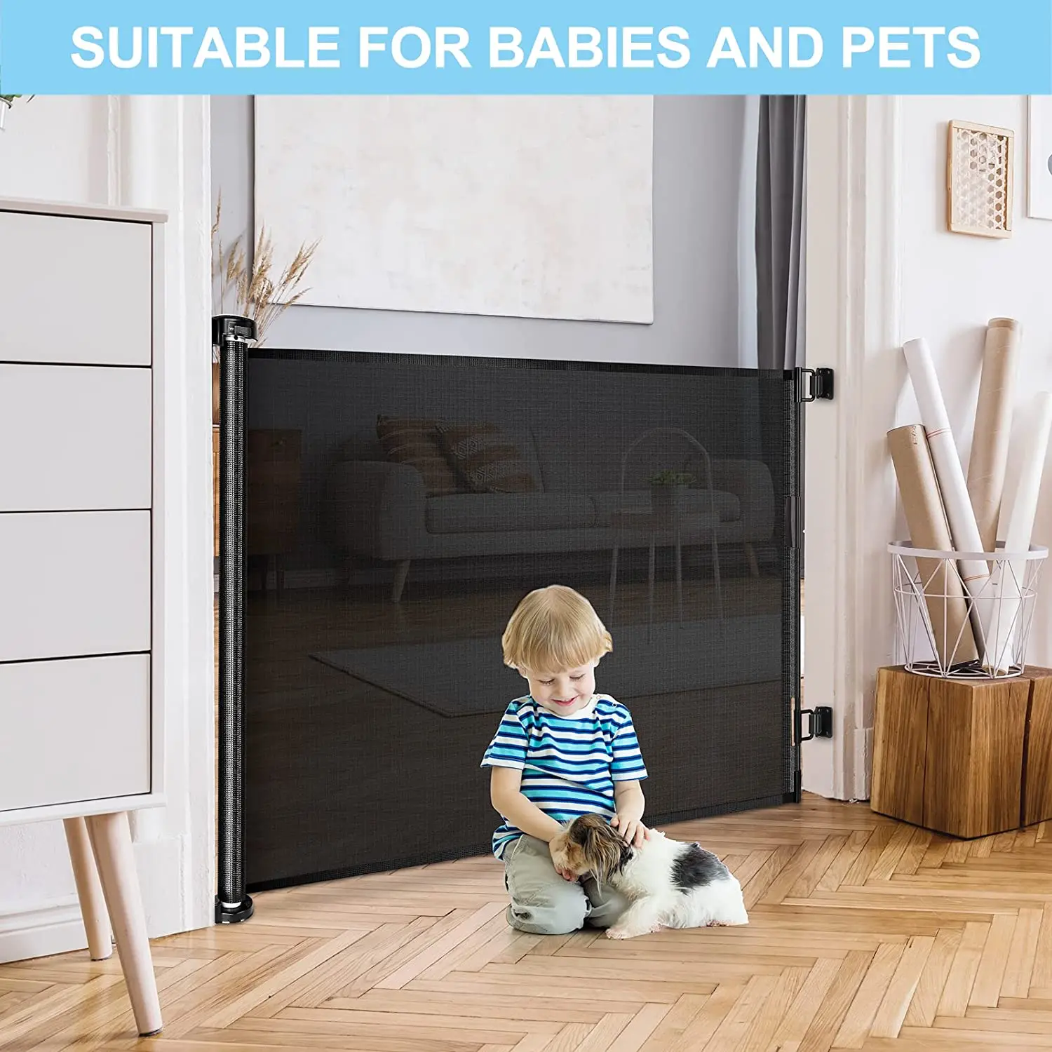 Retractable Dog Gate for Babies .Extra wide,easy to roll and latch. Suitable for doorways, indoor and outdoor.Safety guaranteed.