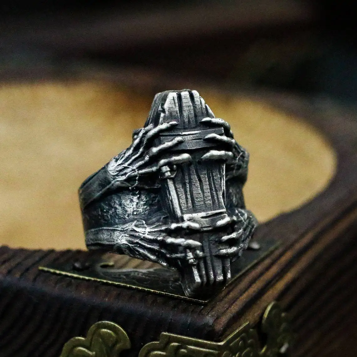 Vintage ring for men handmade coffin shape Halloween skull finger ring