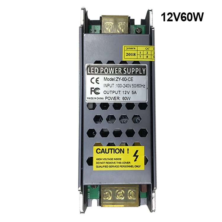 Factory wholesale IP20 CE FCC certified slim power supply AC90-265vDC12/24v 60w Aluminum housing power supply