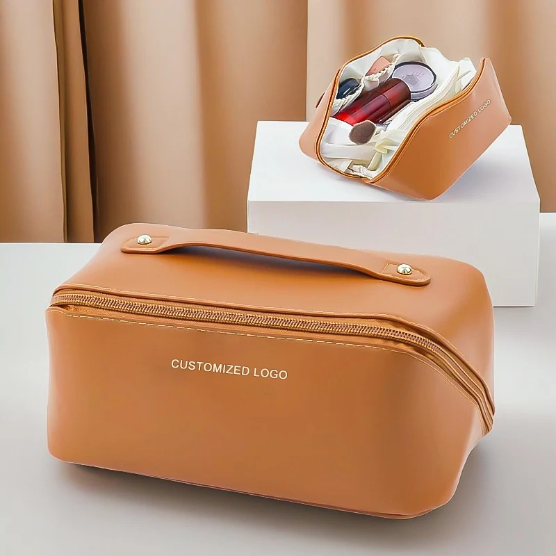 New Custom PU Leather Makeup Bag Pouch Skincare Cosmetic Travel Toiletry Bag Waterproof Make up Bag with Compartments