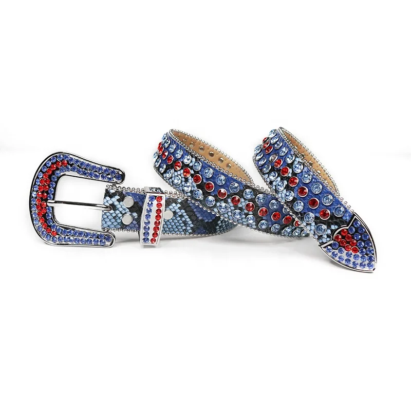 New Western Bling Bling Snake Skin Leather Rhinestone Belts Fashion Men Shiny Blue&Red Diamond Crystal Waist Belt Vendor