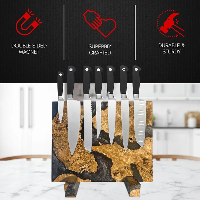Natural Wood Blend Large Magnetic Knife Block Universal Epoxy Resin Wooden Magnetic Knife Holder Knives Storage Rack