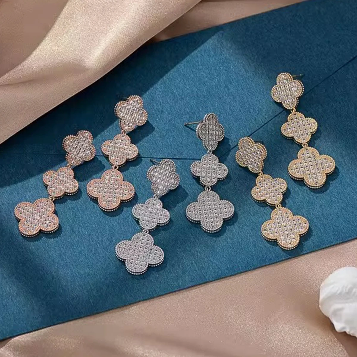 New Trendy Luxury Cubic Zirconia Rose Gold Plated Four Leaf Clover Drop Earrings For Wedding Bridal