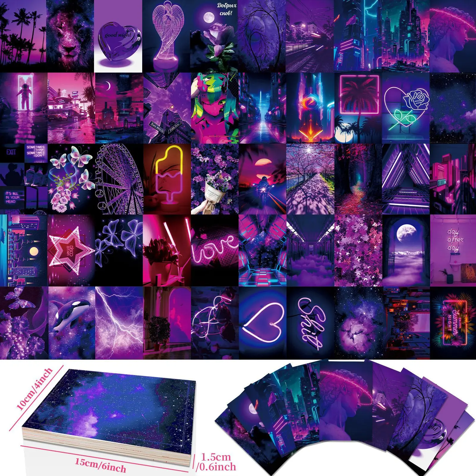 15CM 50PCS Fashional cool purple abstract collage urban landscape neon dreamy art poster