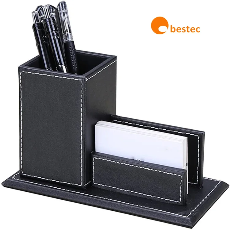 Custom Black Brown Pu Leather Office Desk Organizer With Business Card leather Pen Holder