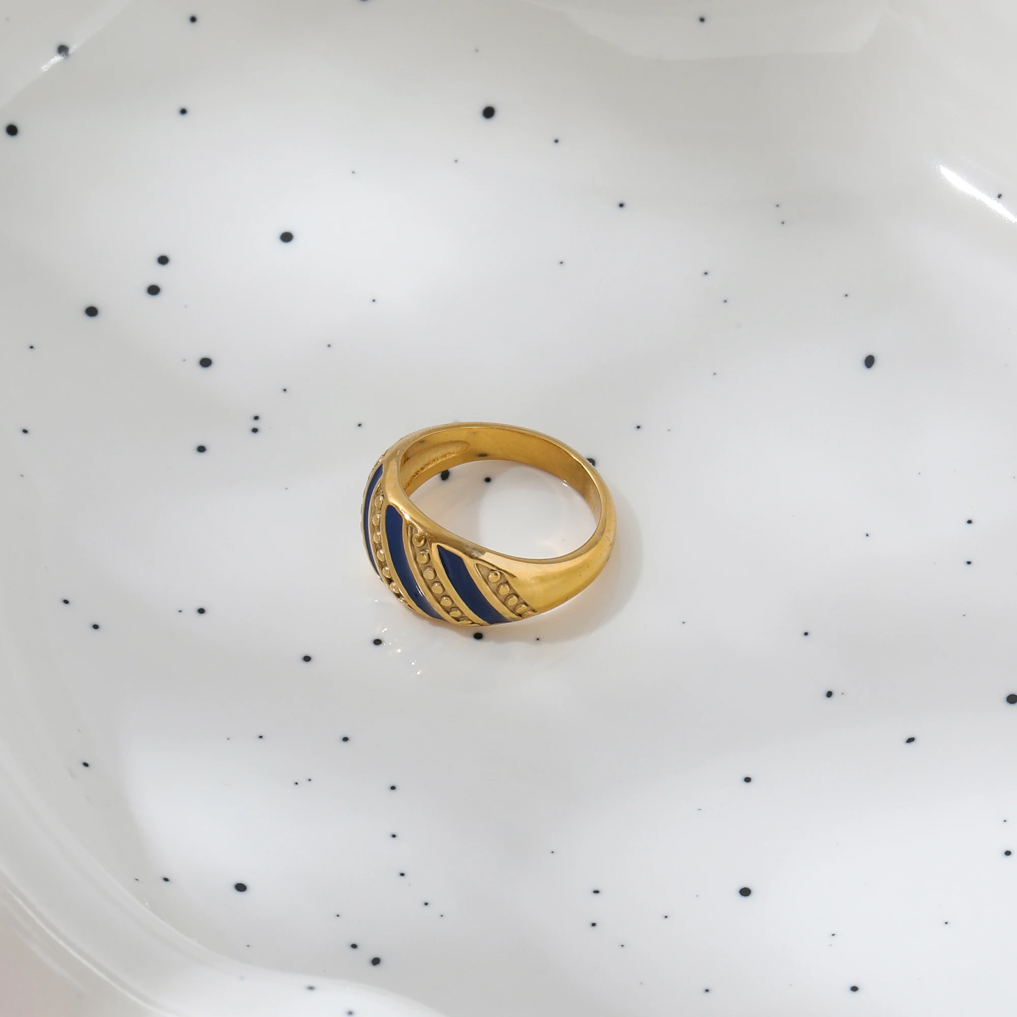 High End 18K PVD Gold Plated Navy Blue Enamel Rings for Women