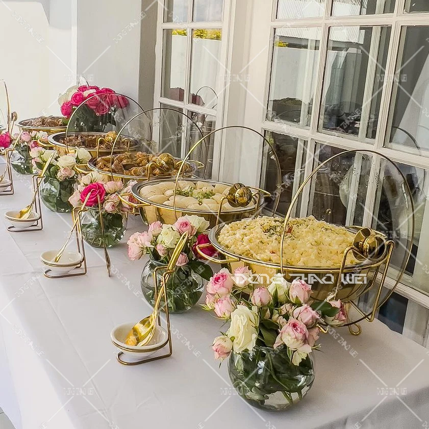 Restaurant Equipment 8Litres Golden Stand Buffet Food Warmer Catering Party Gold Round 8L Chafing dish Glass lid Soup pot