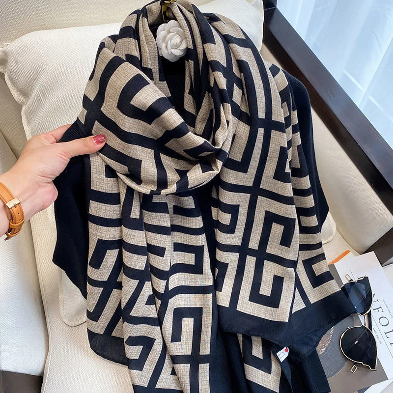 Hot sale high-quality designer autumn winter black and white letters pattern cotton and linen shawl scarf for women and girls