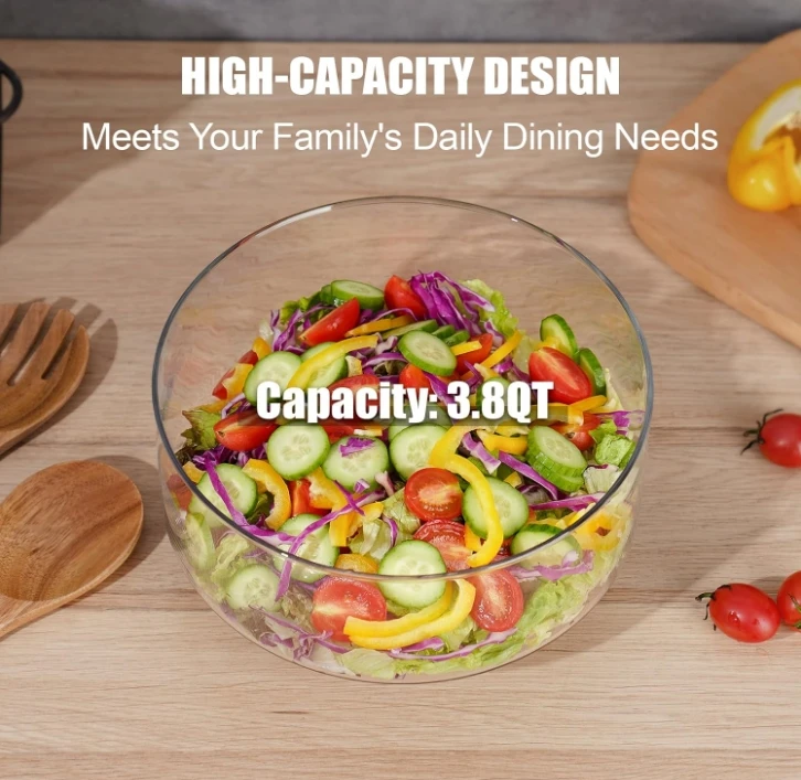 Wooden Salad Bowls Extra Large Glass Salad Bowls for Party with Acacia Wood Base and Salad Serving Utensils