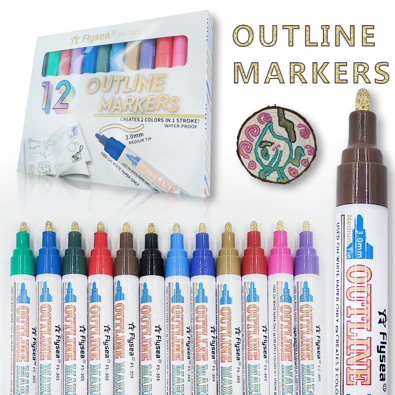 Индивидуальный логотип 12 видов цветов 3 0 мм набор золотых двусторонних маркеров металлический контур маркерная ручка