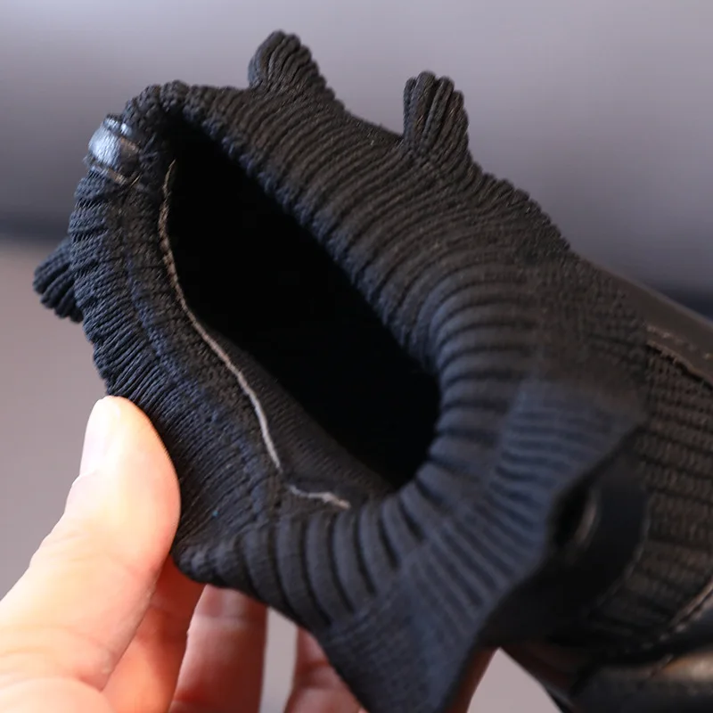 Girls Bow-Knot Touch Strap Leather Textile Boots Children Bootie with Ribbed Knit Stretch Inserts Toddler Little Kids Warm Shoes