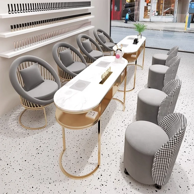 Wholesale luxury nail shop salon table and chair gold frame marble top double modern manicure tables