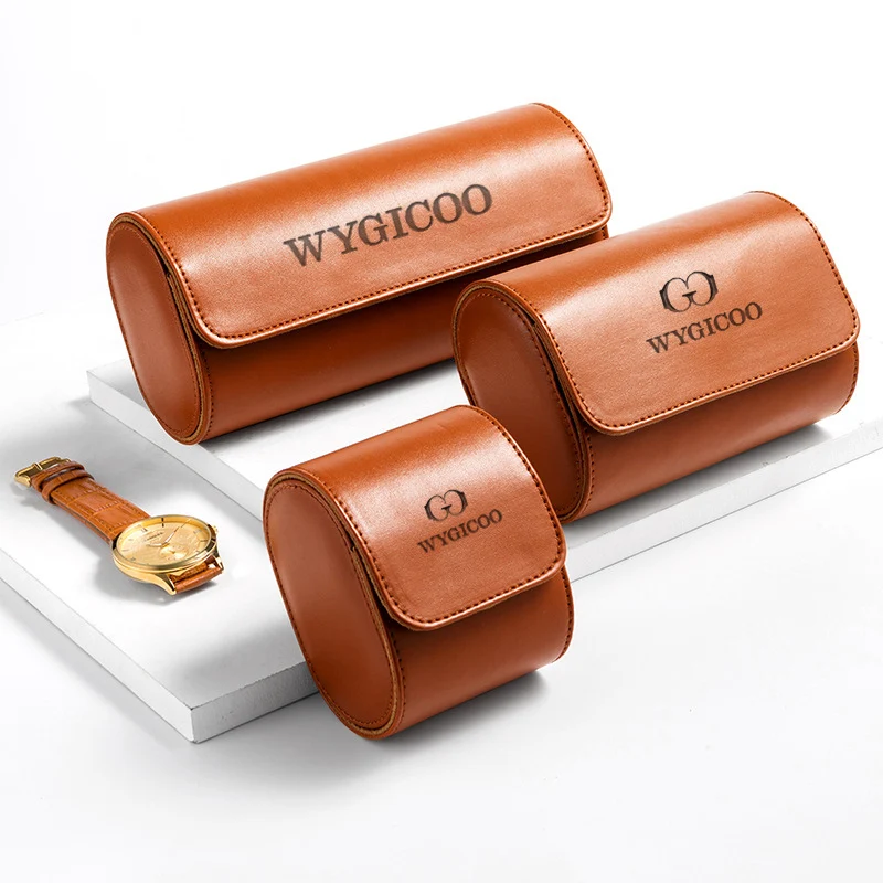 WYGICOO Custom Logo Rolling Travel Custodia Per Orologi 1 Slot Felt Velvet Wrist Watch Pouch Genuine Leather Case Custom Print