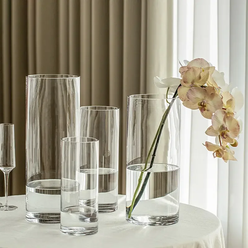 Hot selling tall large classic multiple size floor flower cylinder crystal weeding glass cylinder floor glass vase