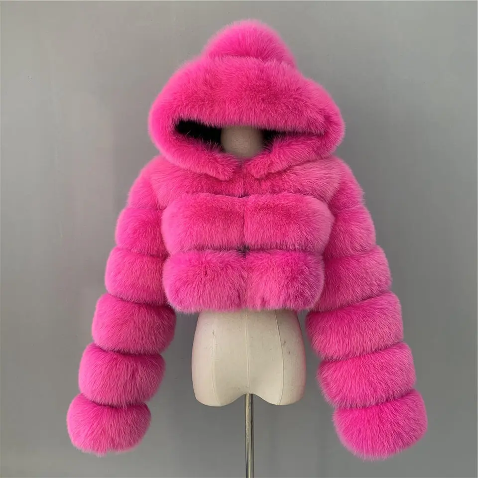 Quick Shipping Real Fur Fluffy Short Style Women Fashionable Hooded Fox Coat