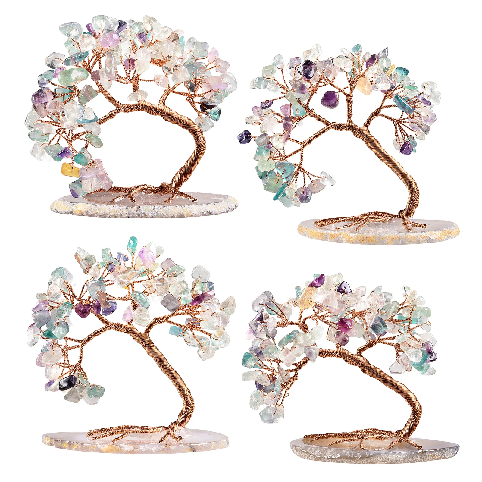 Natural Gemstone Quartz Healing Crystal Feng Shui Money Tree with Agate Slice Base