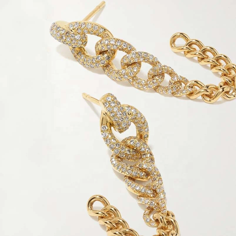 Gemnel hand-craft 18K gold  convertible left undone to hang freely with shimmering diamonds heavy curb link chain earring