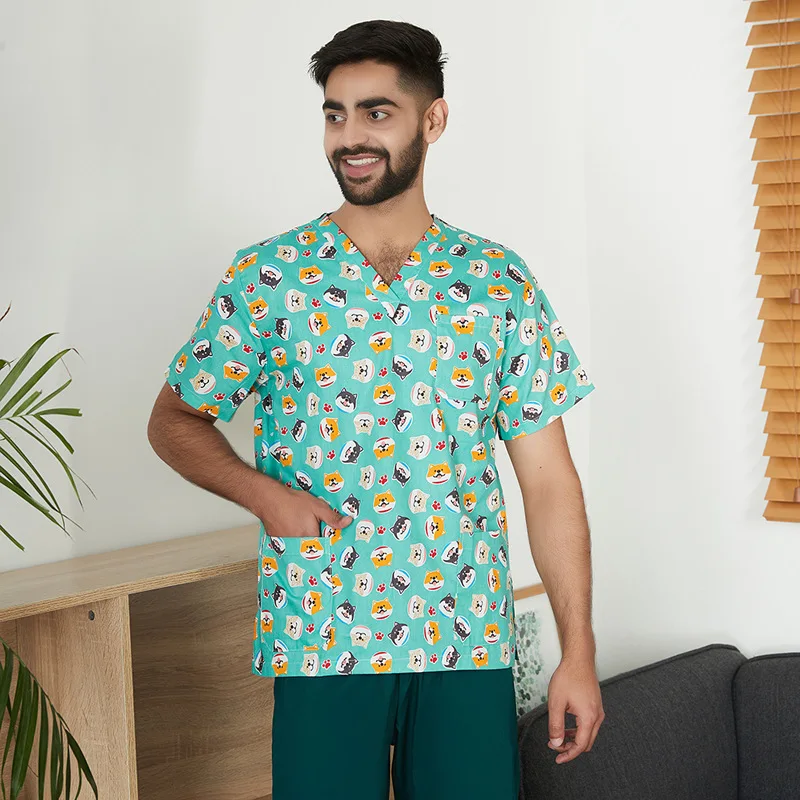 2024 Wholesale Stylish Lovely Printed Scrubs Top Shirt Nursing Uniform Set Medical Uniforms Women Scrub Sets