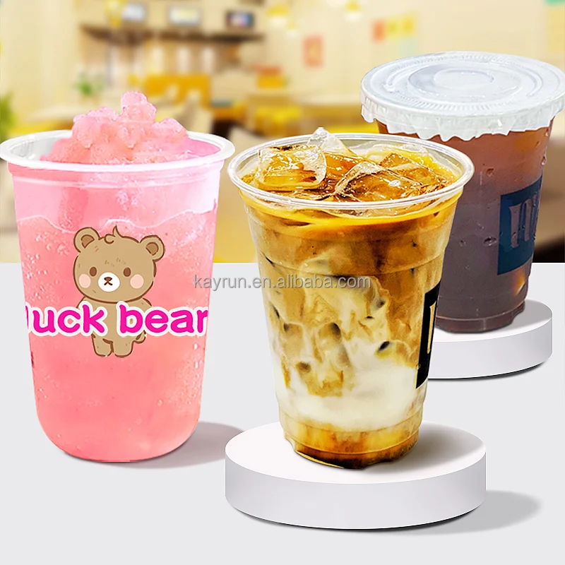 Custom 12 16 22 32 oz transparent bubble tea plastic cup biodegradable cold coffee  PLA clear cups with lids