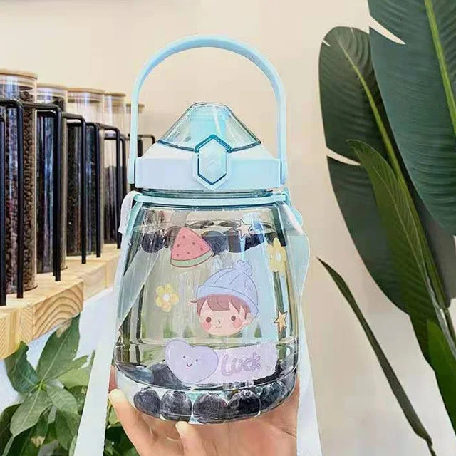 1100ml 32 oz motivational plastic large capacity cute school kids water bottle with straw strap for children bpa free