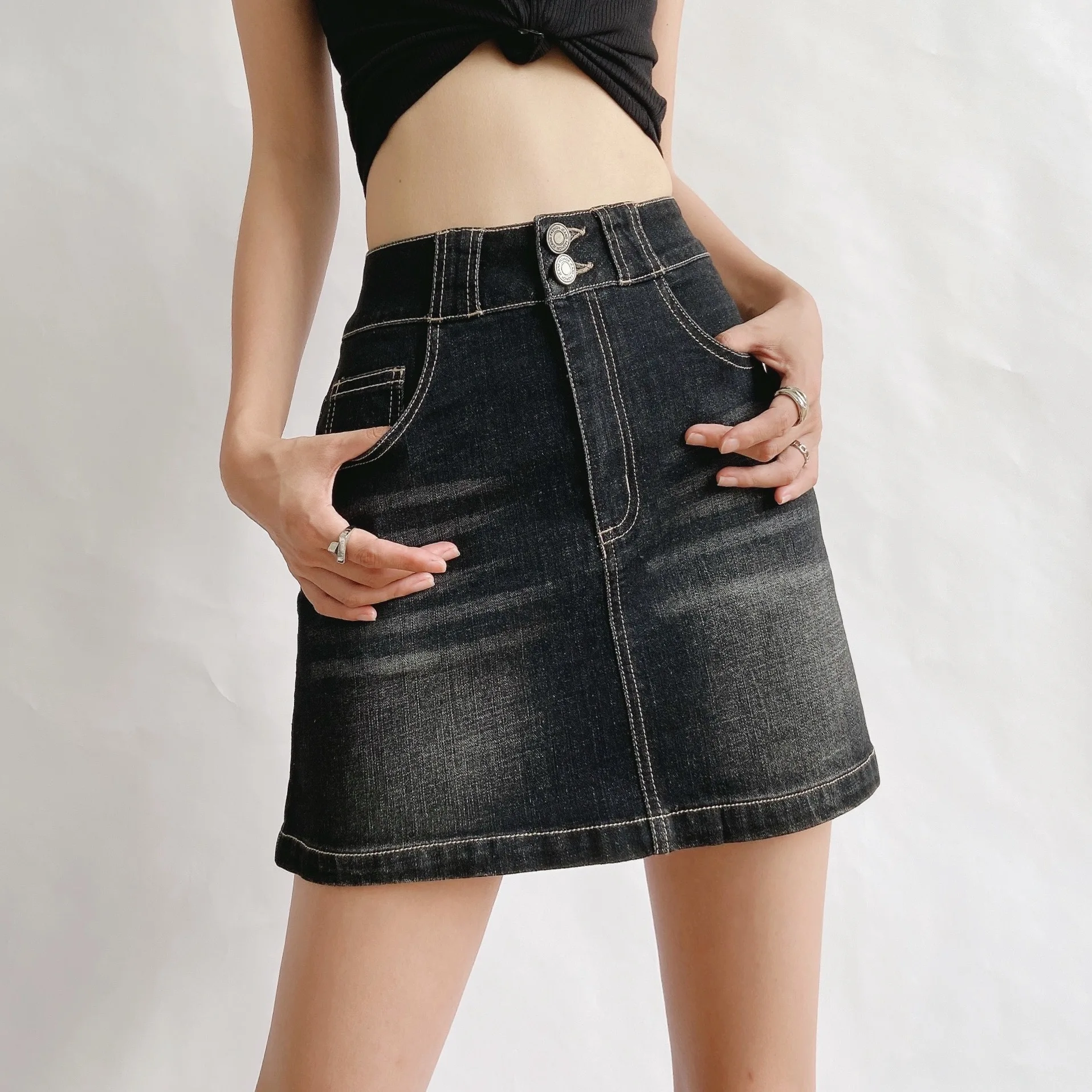 2023 Summer New Style Women Mini Denim Skirts Button Fly Washed Short Denim Skirts For Ladies