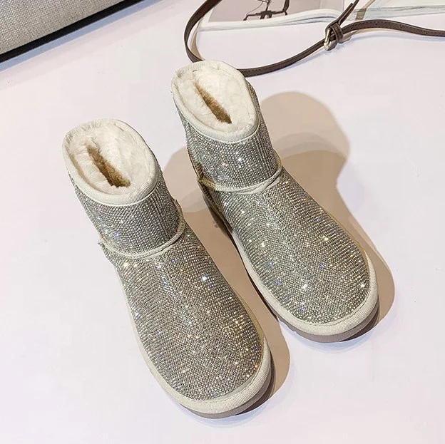 
High Quality Top Popular Wool Winter Boots New Style Crystal Rhinestone Sparkling Flat Women Snow Boots Ladies Hot Wholesale 